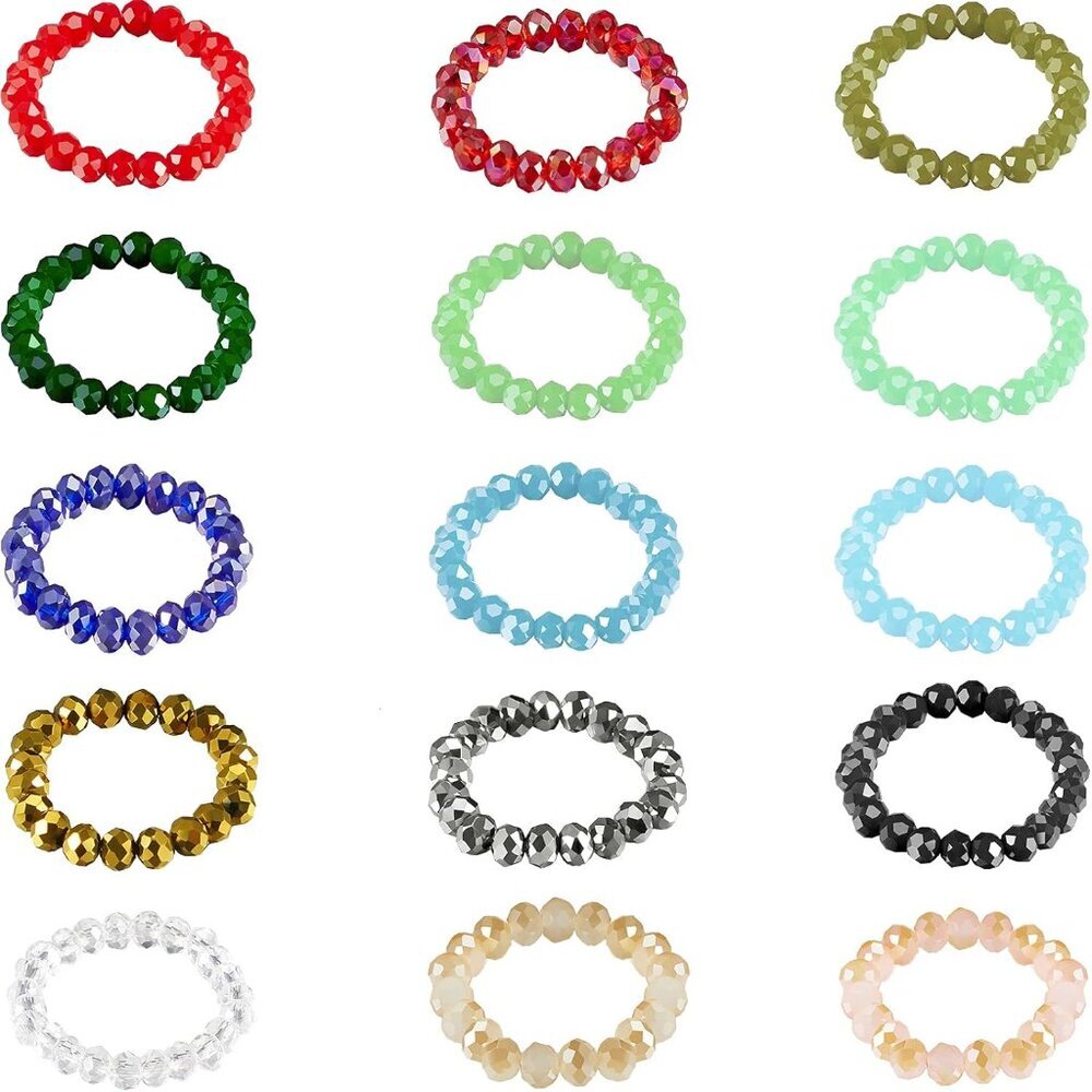 15 Pieces Beaded Rings for Women Elastic Finger Stretchy Crystal Rings